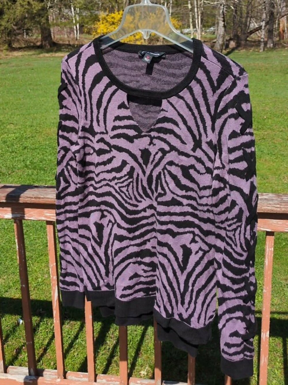 Rock & Republic Purple Tiger Strip Cutout Tunic Sweater Sz Med Long Laced Sleeve